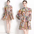 Runway Fashion Autumn Soft Satin Abstract Print, Mock Neck, Lantern Sleeve Office, Party, Holiday's Dress